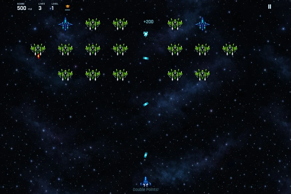 Pre-release gameplay showing rows of enemy ships above the player’s ship.